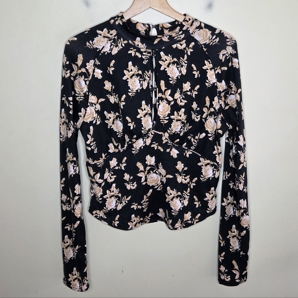 Free People | Floral Dinner Party Black Tan Cream Rose Floral Top Size Large